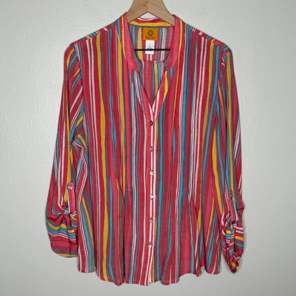 Ruby Rd Womens Button Up Shirt Large Pink Multicolor Stripe Popover Sheer Summer - Picture 1 of 9